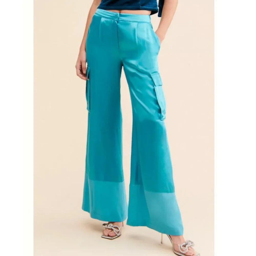 Anthropologie Corey Lynn Calter Satin Cargo Wide Leg Pants Aqua 3X - Picture 1 of 2